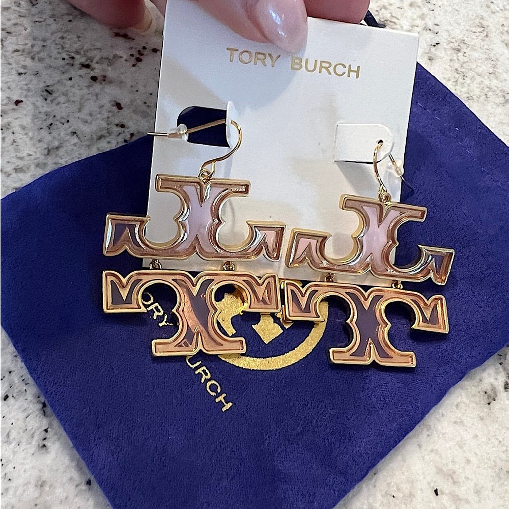 Brand New TB Tory Transparent Gold Drop Logo Earrings Britten Double T